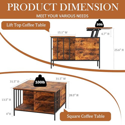 31.5" Farmhouse Coffee Table, Lift Top Coffee Square Table with Storage Compartment, Wooden Rustic Cocktail Table for Living Room, Bedroom, Apartment, Studio, Walnut - color: Walnut