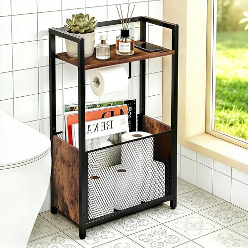 Toilet Paper Holder Free Standing, Black Toilet Paper Holder Stand, Freestanding Toilet Paper Holder for Bathroom Tissue Holder Roll Holder, Magazines, Wipes