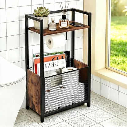 Toilet Paper Holder Free Standing, Black Toilet Paper Holder Stand, Freestanding Toilet Paper Holder for Bathroom Tissue Holder Roll Holder, Magazines, Wipes