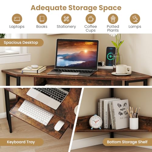 Giantex Small Corner Desk with Charging Station, Triangle Computer Desk with Keyboard Tray & Storage Shelf, Metal Corner Writing Desk for Bedroom, Small Space, Home Office, Black & Rustic Brown