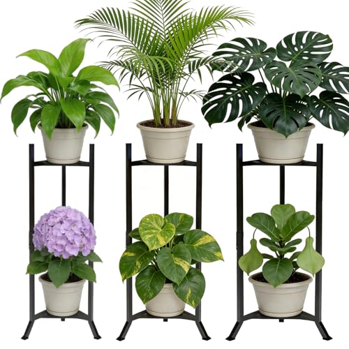 2 Tier Plant Stand Indoor Outdoor, Tall Metal Adjustable Plant Holder for Patio Living Room Balcony Garden, No Wobble Design (No Pots)