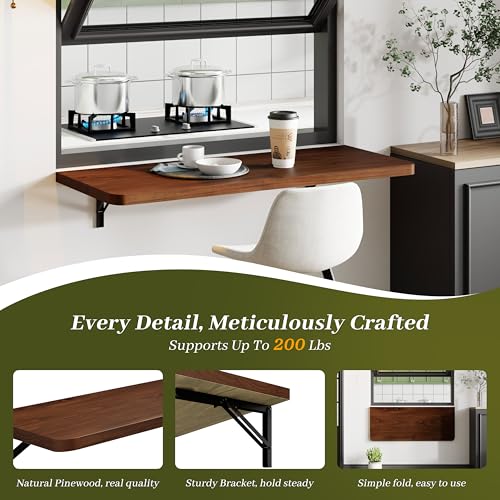 Dogsky 36" x 14" Floating Wall Desk, Fold Down Wall Table - 200 lbs Heavy Duty Solid Pine Wall Mount Folding Desk for Home Office, Laundry Room, Kitchen & Small Apartment, Walnut - color: Walnut, size: 36'' x 13.7'' x 6.3''