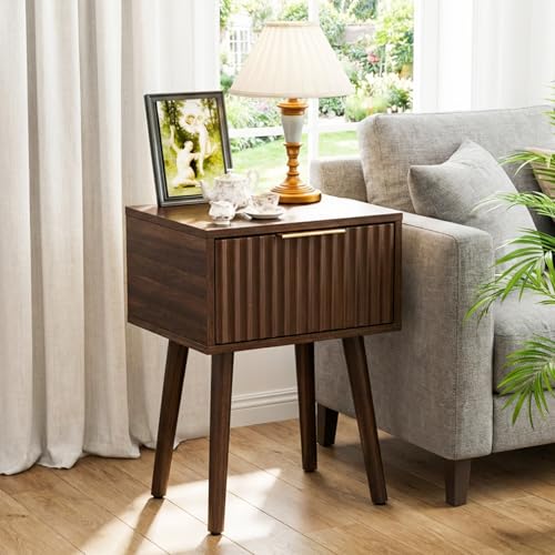 VINGLI Night Stand Set 2, Fluted Nightstands with Drawer, Mid Century Modern Nightstands Set of 2, Bedside Table, End Table, Wood Nightstand for Bedroom, Walnut, 15.75" W*11.81" D*21.85" H - color: Walnut, size: 15.7"W-1 Drawer