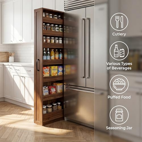 7-Tier Slim Mobile Shelving Cart with Wheels, Rolling Pantry with 7 Baskets, Narrow Pull-Out Utility Cart, Space Saving Storage Organizer Carts for Kitchen Living Room Bathroom Narrow Spaces, Walnut - size: Walnut & 7.87"D x 15.75"W x 70.75"H