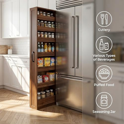 7-Tier Slim Mobile Shelving Cart with Wheels, Rolling Pantry with 7 Baskets, Narrow Pull-Out Utility Cart, Space Saving Storage Organizer Carts for Kitchen Living Room Bathroom Narrow Spaces, Walnut - size: Walnut & 7.87"D x 15.75"W x 70.75"H