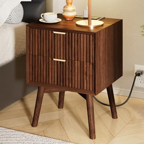 Fluted Nightstand with Charging Station, Beveled Edges and Solid Wood Legs, 2 Drawer Walnut Night Stand w/Metal Handles, FSC-Certified Wood, 18" Modern Bedside Table End Table for Bedroom - color: Walnut - Beveled Drawer, size: 18"W