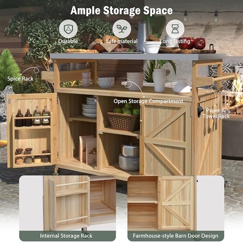 Merax 50" Outdoor Kitchen Grill Cart Island on Wheels with Stainless Steel Top,Farmhouse Style Solid Wood Frame Storage Cabinet for Patio - color: Natural