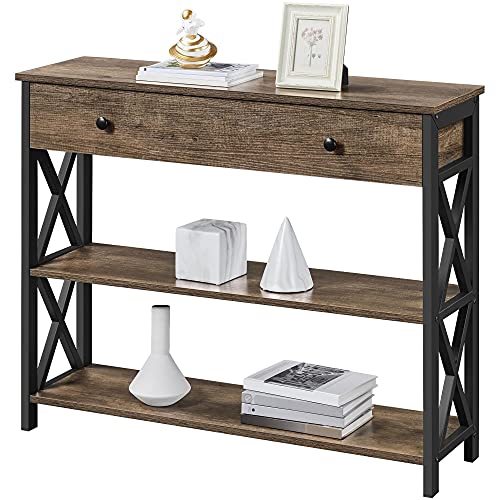 Topeakmart Industrial Console Table Sofa Table with Storage for Entryway, 3 Tier Console Table with Drawer Sturdy Hallway Table for Living Room, X Design, Taupe Wood - color: Taupe Wood, style: without Power Outlet