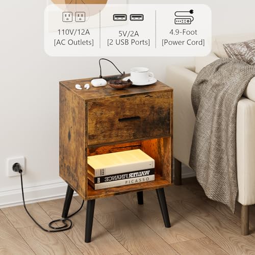 Aienvey Nightstand with Charging Station and LED Lights, Rustic Brown | Small Side Table, Bedside Table with Drawer, Modern Night Stand with Light/Power Strip, End Table for Bedroom, Living Room - color: Rustic Brown