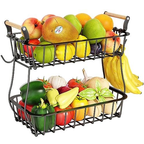 ANTOPY 2 Tier Fruit Basket with 2 Banana Hangers, Countertop Fruit Vegetable Basket Bowl for Kitchen Counter Metal Wire Fruits Storage Stand Holder Organizer for Bread Snack Veggies Produce - color: Black (2 Tier with Banana Hangers)