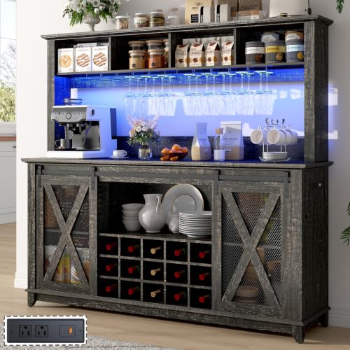 63"Wide 58"H Farmhouse Coffee Bar Cabinet with Power Outlet and LED Light,Wine Bar Cabinet w/ 4 Storage Hutch,Kitchen Buffet Cabinet with 15 Wine and Glass Racks for Kitchen Dining Room(Dark Oak) - color: Dark Rustic Oak, size: 63in