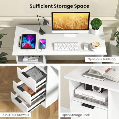 White Computer Desk with Charging Station, Home Office Desks with 3 Drawers & Open Storage Shelf, Modern Makeup Vanity for Bedroom, Wooden Study Writing Table Workstation