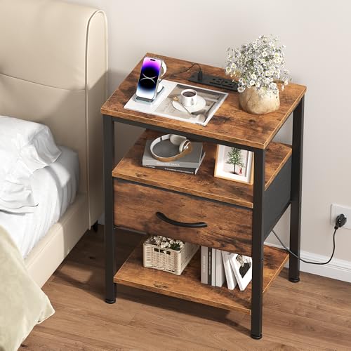 DUMOS Nightstand with Charging Station, Bedside Table with 1 USB-A, 1 USB-C & 2 AC Outlets, Fabric Drawer with Adjustable Open Shelf, Compact End Table for Bedroom, Rustic Brown - color: Rustic Brown, size: 15.7"Dx11.8"Wx23.4"H(1 Drawer, 1 Pack)