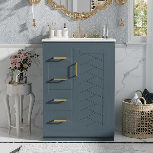 24 Inch Blue-Grey Bathroom Vanity with Sink & Sliver Handles,Light Luxury | with Herringbone Pattern Soft Closing Door,3 Left Drawers,Ceramic Countertop,Solid Wood Frame,Floor-Standing with Toe-Kick - color: Dark Blue, size: 24 Inch(Left Drawers)