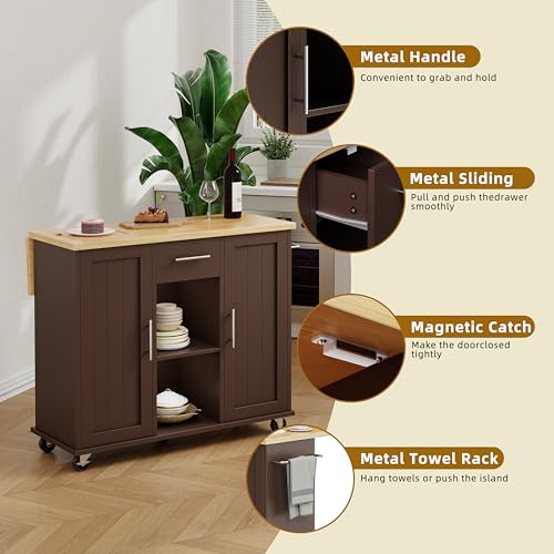 SUNLEI Rolling Kitchen Island Cart with Wheels, Island Table for Kitchen, Farmhouse Kitchen Cart with Drop Leaf & Towel Rack & Drawer, Kitchen Islands Table with Storage Cabinet, Brown - style: Brown