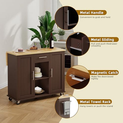 SUNLEI Rolling Kitchen Island Cart with Wheels, Island Table for Kitchen, Farmhouse Kitchen Cart with Drop Leaf & Towel Rack & Drawer, Kitchen Islands Table with Storage Cabinet, Brown - style: Brown