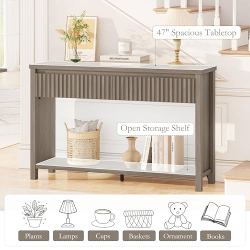 BON AUGURE Console Table with Storage, 47In Entryway Table with Drawers, Grey Couch Tables Behind Sofa, Narrow Sofa Tables with 2-Tier Shelf for Living Room, Hallway, Front Door, Greige Oak - color: Greige Oak