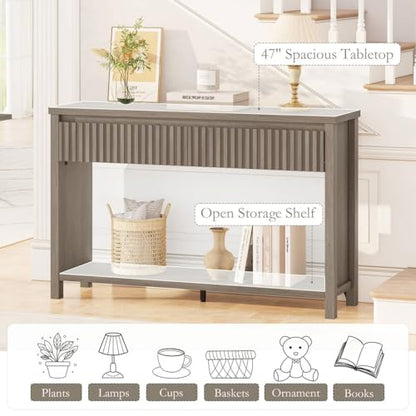 BON AUGURE Console Table with Storage, 47In Entryway Table with Drawers, Grey Couch Tables Behind Sofa, Narrow Sofa Tables with 2-Tier Shelf for Living Room, Hallway, Front Door, Greige Oak - color: Greige Oak