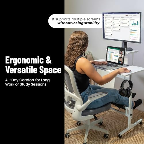 Small Rolling Desk with Wheels, Adjustable Height 27"-43.3" Portable Standing Desk, 31.5"x15.7" Tabletop, Mobile Laptop Computer Table for Home Office Workstation, White - color: White