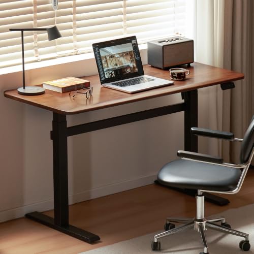 Solid Wood Electric Height Adjustable Standing Desk, Walnut Rubber Wood Home Office Sit Stand Desk with Cable Management Tray for Study Living Room 55.11" W - color: Walnut-rubberwood Electric Height Adjustable, size: 55.11"W