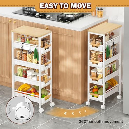 SUNALLY Slim Storage Cart with Pull-Out Baskets, 5-Tier Rolling Kitchen Cart with Wooden Top & Lockable Wheels, Narrow Space Utility Cart Organizer for Kitchen, Bathroom, Laundry Room, White - color: White