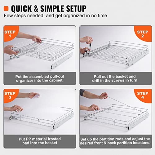 VEVOR 21.5" Wx21 Dx3.5 H Pull Out Cabinet Organizer, Heavy Duty Slide Out Pantry Shelves, Chrome-Plated Steel Roll Out Drawers, Storage for Home, Under Sink, 23" Wx22 Dx7 H Install Size for Cabinet - size: 21.5"Wx21"D