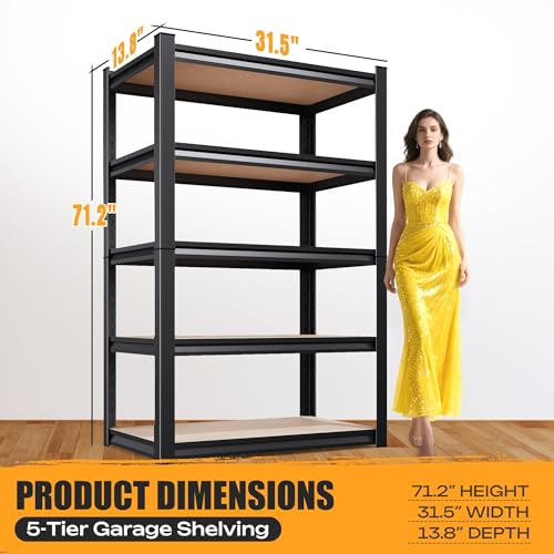 5-Tier Garage Shelving Heavy Duty Storage Shelves, Adjustable Shelving Unit, Utility Garage Organizer Shelf for Basement, Pantry, Kitchen, Warehouse,Supermarket, 31.5" Wx13.8 Dx71.2 H,Black - size: 5-Wood-13.8"Dx31.5"Wx71.2"H