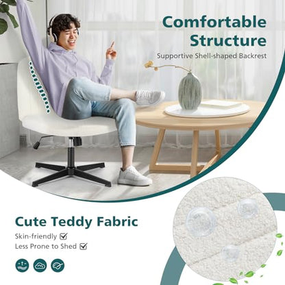 OLIXIS Criss Cross Chair, Vanity Chair, Home Office Desk | Cute Furry Teddy Fleece, Height Adjustable, Armless Wide Seating for Bedroom Student Study Room, Teddy Beige No Wheel - color: Teddy Beige No Wheel