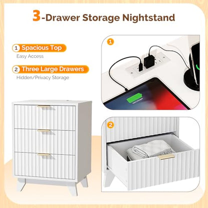 VINGLI Fluted White Nightstand with Charging Station, 3 Drawer White Night Stand Bedside Table with Drawers for Bedroom, Fluted Bedside Table/End Table/Side Table, 17.72" W*13.78" D*23.62" H, 1 pc - color: White, size: 17.7"W-3 Drawer