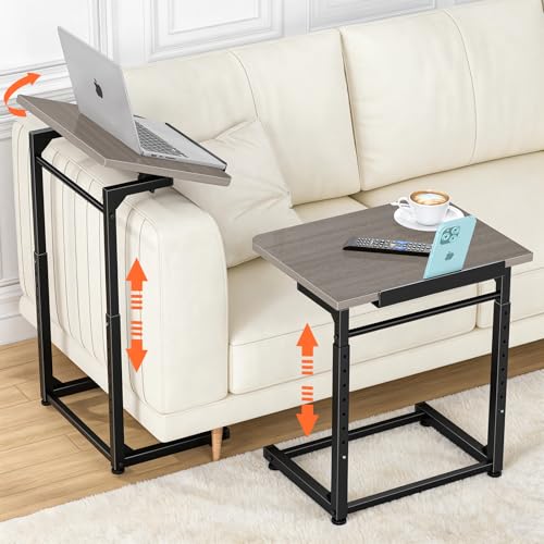 Tv Tray Table, 8-Level Adjustable Height Couch Side Table，90° Tilt Angle Adjustments C-Shaped End Table, with Phone & Tablet Slot Computer Desk for Sofa, Bed, Chair, Living Room（Lvory Gray） - color: Lvory Gray, size: 1 pcs