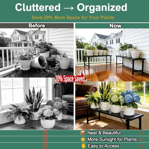 Foldable Plant Stand, No Assembly Heavy Duty Iron Plant Shelf, Rustproof Single Tier Plant Rack for Indoor Outdoor, Long Narrow Flower Stand for Patio Balcony Garden Living Room, 33" L x 9.7" W x 11.7" H - size: L33”xH11.7"xW9.7"
