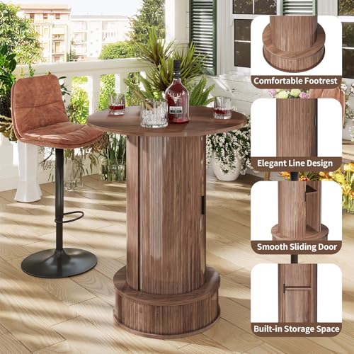 Round Bar Table with 2-Tier Hidden Storage, 38.1" H Wood High Top Table, Bistro Pub Table with Footrest, Cocktail Tables for Coffee Bar, Kitchen Dining Room, Small Space (Walnut) - color: Walnut