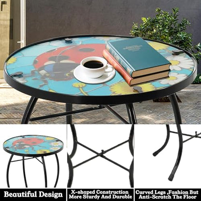 Small Side Table with Metal Frame, 10.5" Round Side Tables with Seven-Spotted Ladybug Pattern,Outdoor Table for Balcony,Terrace,Garden,Living Room - color: Seven-spotted Ladybug