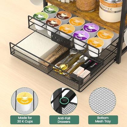 EsLuker.ly Coffee Bar Organizer Station Shelf Mug Holder for Countertop, 4 Tier Mug Holder Stand with 12 Hooks, K Cup Pod Drawer - color: Black+Brown+Brown
