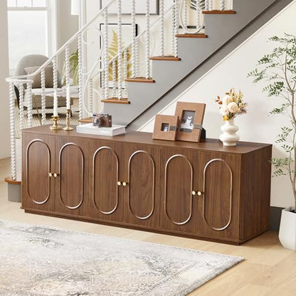 63'' Fluted Sideboard Buffet Cabinet with Storage and 6 Doors, Low Storage Cabinet Modern Wooden Accent Credenza Console Table for Kitchen Dining Living Room Entryway, (63"W*15.75"D*21.4"H) Walnut