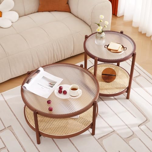 Tiita Rattan Nightstand Side Table, Bamboo Accent Bedside Tables, Glass Coffee Tables, Boho Wooden End Table with Storage for Small Space, Living Room and Bedroom - color: Round Table-s-brown