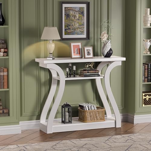 47" Narrow Console Table for Entryway, Wood Sofa Tables with 3-Tier Shelves | Curved Legs Farmhouse Hallway Table, Skinny Console Table Behind Couch, Rustic Wooden Entry Table for Living Room (White) - color: White