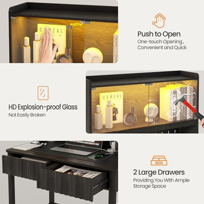 Lvifur 31.5" Small Study Desk with - Drawer & Hutch,Computer Desk with Charging Station,Compact Writing Desk with LED Reading Lights,Home Office Desks for Small Spaces,Bedroom Study Room,Black - color: Black