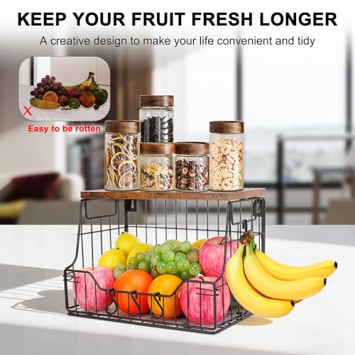Livabber Fruit Basket for Kitchen, Metal Fruit Vegetable Storage Bin with 2 Banana Hangers, Countertop Wire Basket Organizer for Snack Potato Onion, Screw Mounted or Stand (Black, 1 Pack) - style: 1 Pack