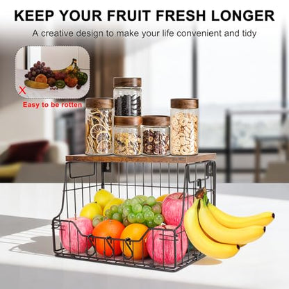 Livabber Fruit Basket for Kitchen, Metal Fruit Vegetable Storage Bin with 2 Banana Hangers, Countertop Wire Basket Organizer for Snack Potato Onion, Screw Mounted or Stand (Black, 1 Pack) - style: 1 Pack