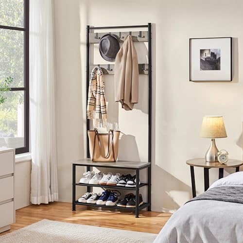 Yaheetech 3-in-1 Hall Tree Bench and Shoe Storage, Entryway Coat Rack, Gray | Easy setup, 275-lb metal-frame bench, 9 movable hooks, 2-tier shoe rack, fits narrow apartment entryways and hallways - color: Grey, size: 28.5'' W