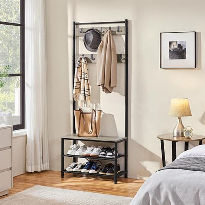 Yaheetech 3-in-1 Hall Tree Bench and Shoe Storage, Entryway Coat Rack, Gray | Easy setup, 275-lb metal-frame bench, 9 movable hooks, 2-tier shoe rack, fits narrow apartment entryways and hallways - color: Grey, size: 28.5'' W