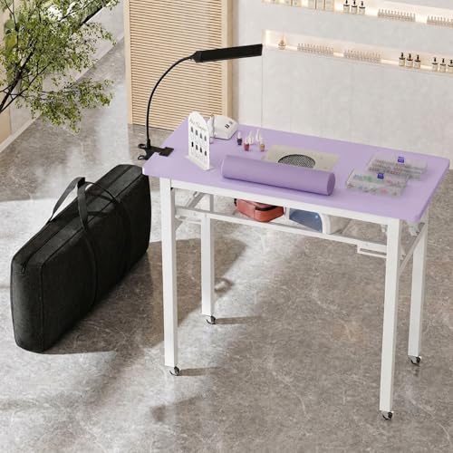 Portable Foldable Manicure Table with Dust Collector, Rolling Nail Tech Desk with LED Lamp, Wrist Rest, Lockable Wheels & Carrying Case for Home Salon, Travel & Mobile Nail Techs (Purple) - color: Purple