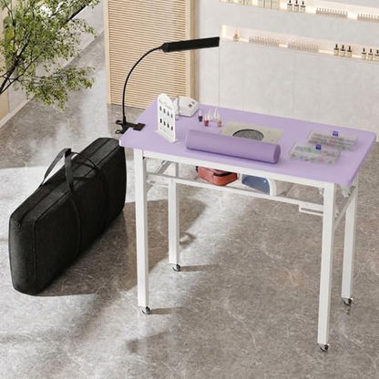 Portable Foldable Manicure Table with Dust Collector, Rolling Nail Tech Desk with LED Lamp, Wrist Rest, Lockable Wheels & Carrying Case for Home Salon, Travel & Mobile Nail Techs (Purple) - color: Purple