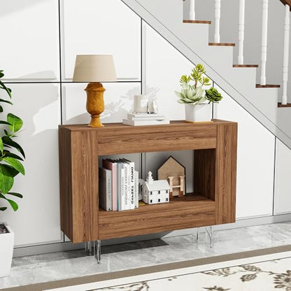 Console Table with Hidden Storage & Adjustable Shelves, Brown Wood Grain | Farmhouse sofa table for behind couch, living room, or hallway, entryway table with concealed cabinets & adjustable shelves - color: S-brown