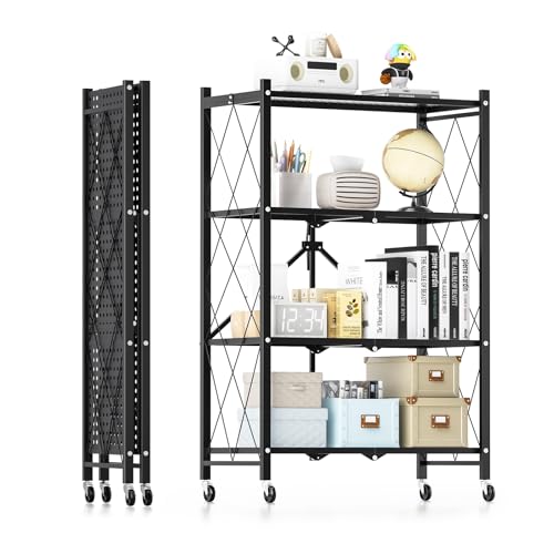 Simple Deluxe 4-Tier Folding Storage Shelves, 27.95" W x 14.96" D x 49.61" H Foldable Shelving Unit, 1000 Lbs Loading Capacity, Black - size: 4-Tier, 27.95"W x 14.96"D x 49.61"H