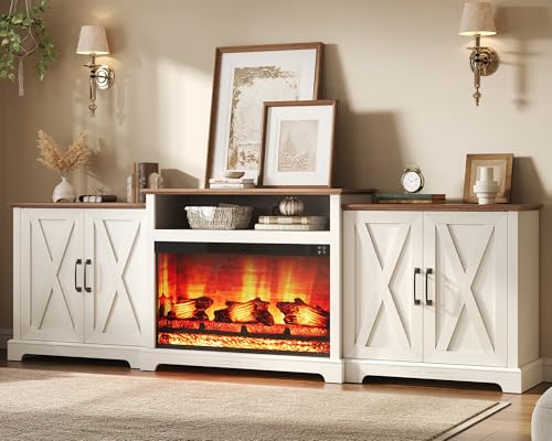 AMERLIFE Farmhouse 97" Large Fireplace TV Stand for TVs up to 110" | Entertainment Center with 33" Electric Fireplace, Media Console with Storage Cabinets & Adjustable Shelf, White - color: White, size: 97"