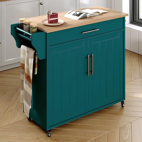 Kitchen Island with Storage, Wooden Countertop Rolling Kitchen Island On Wheels Storage Cabinet, Mobile Kitchen Island Cart with Towel Rack, Spice Rack and Drawers,Green - color: Green