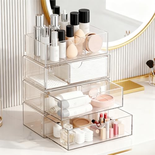Medicine Cabinet Organizer with Removable Dividers, 3-Tier Stackable Drawer Storage for Bathroom, RV, Vanity, Countertop & Desk - size: 3 Tier Clear