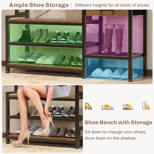 Itaar Hall Tree with Bench and Shoe Storage, 7-in-1 Entryway Bench with Coat Rack, 3 Storage Cubbies, 3 Open Shelves, 17 Coat Hooks, 2 Fabric Drawers (Rustic Brown) - color: Rustic Brown
